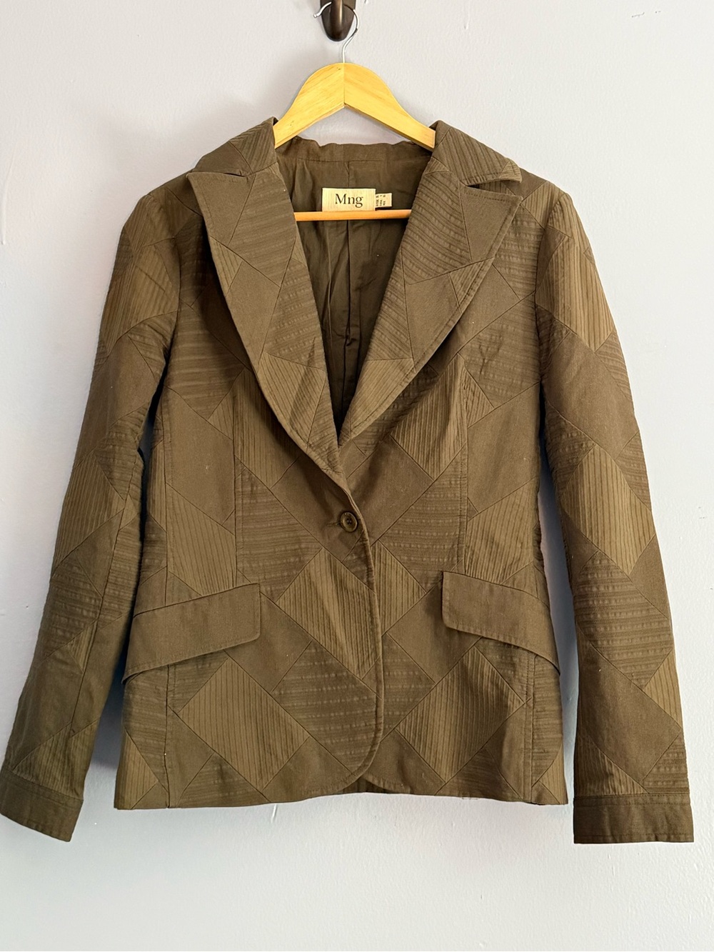 Mango Olive Green Patchwork-Textured Single-Button Geometric Blazer XL